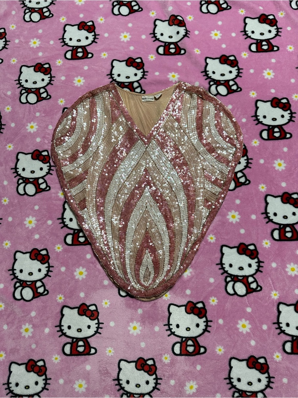 Vintage Sequin Striped Pink & Cream V-Neck Silk Poncho